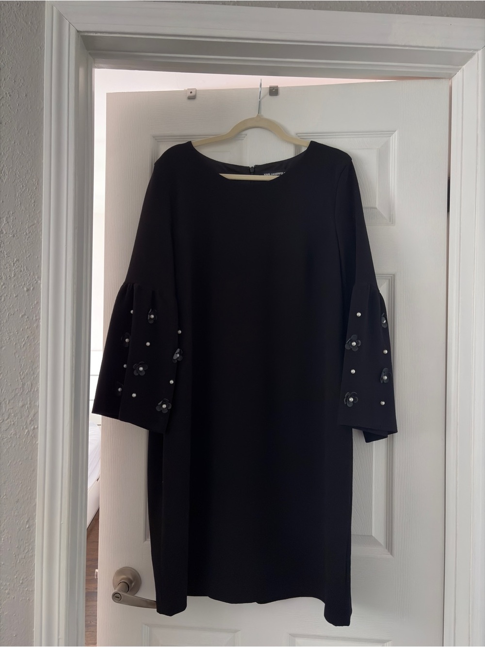 Karl Lagerfeld Black Bell-Sleeve Shift Dress with Pearl & Floral Accents